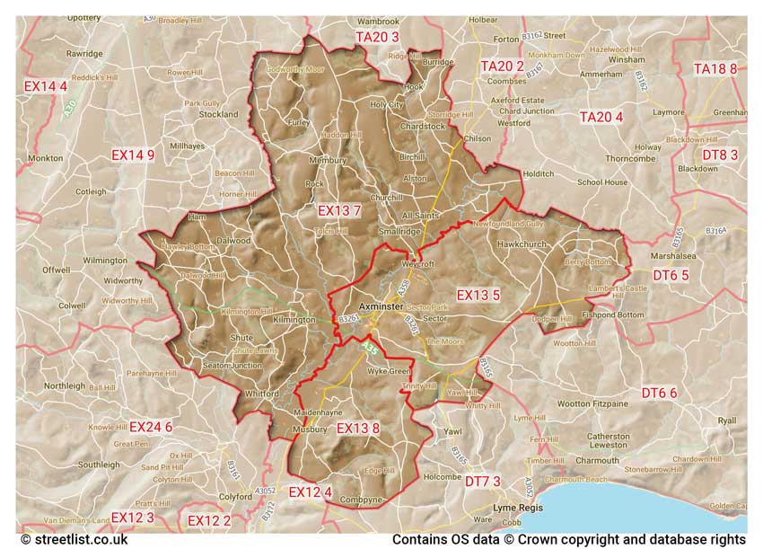 map showing postcode sectors within the EX13 district