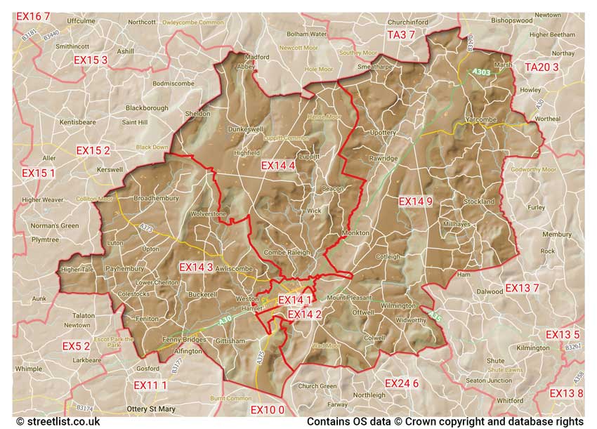 map showing postcode sectors within the EX14 district