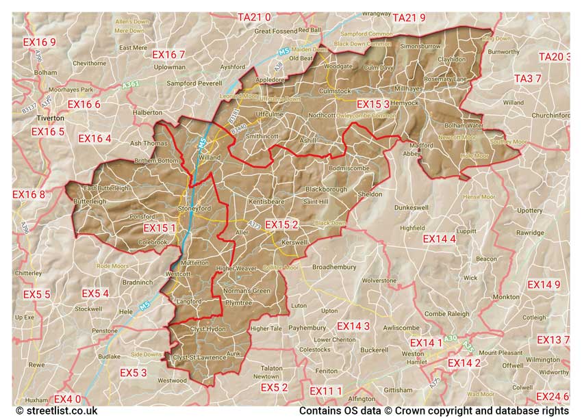 map showing postcode sectors within the EX15 district