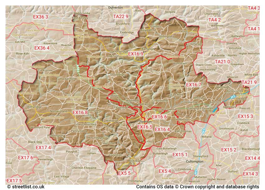 map showing postcode sectors within the EX16 district