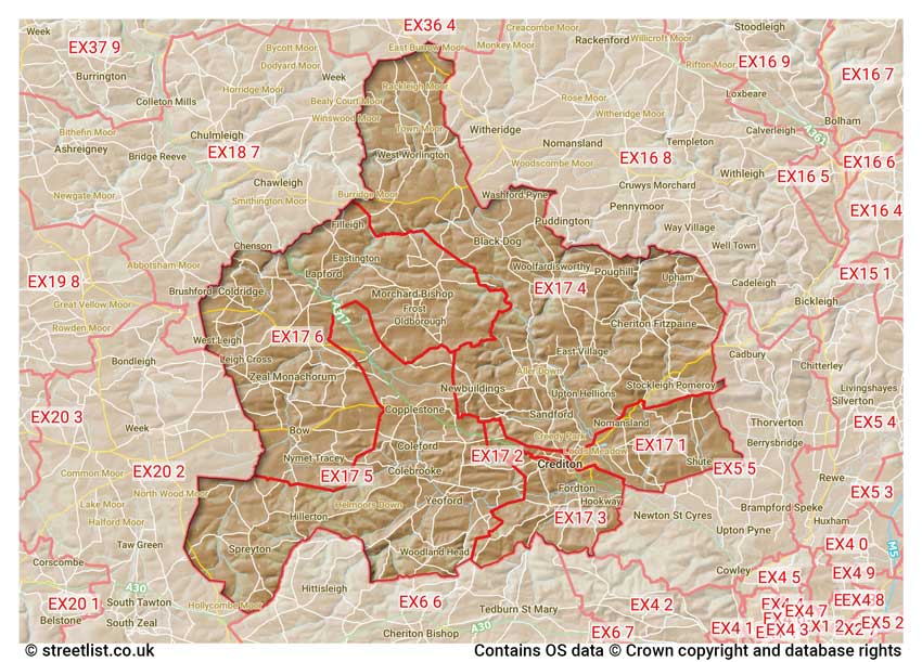 map showing postcode sectors within the EX17 district