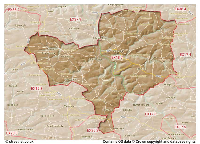 map showing postcode sectors within the EX18 district