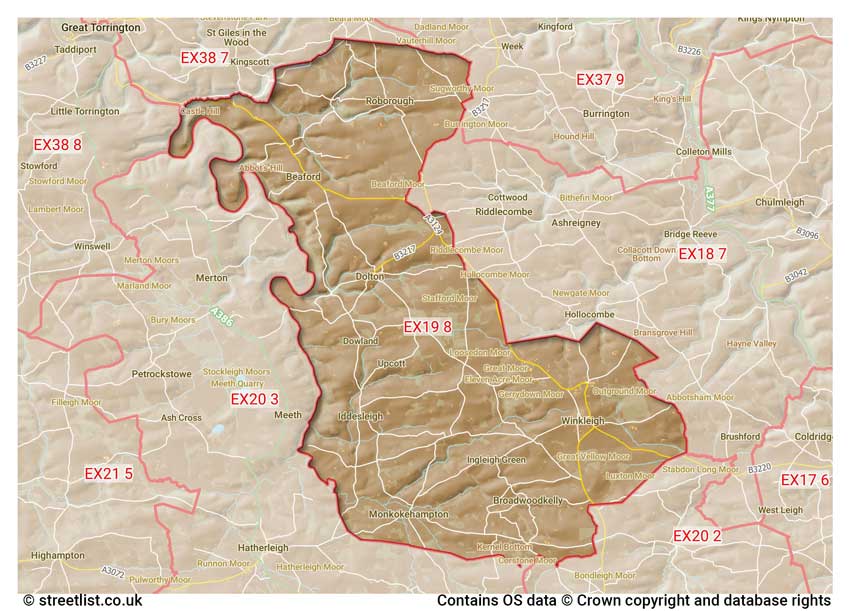 map showing postcode sectors within the EX19 district