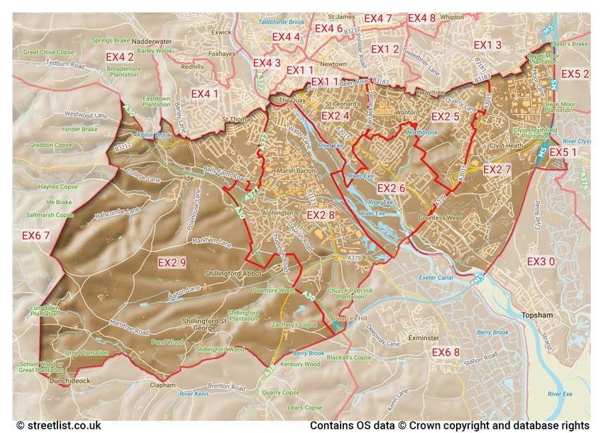 map showing postcode sectors within the EX2 district