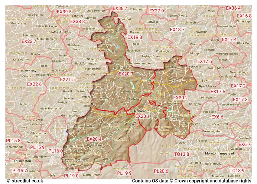 map showing postcode sectors within the EX20 district