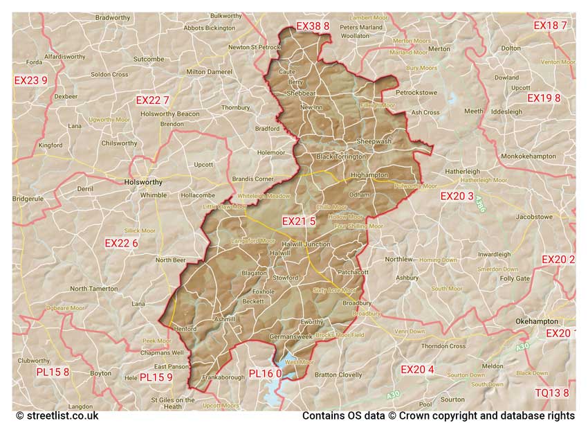 map showing postcode sectors within the EX21 district