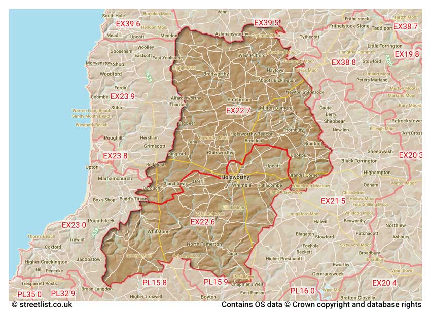 map showing postcode sectors within the EX22 district