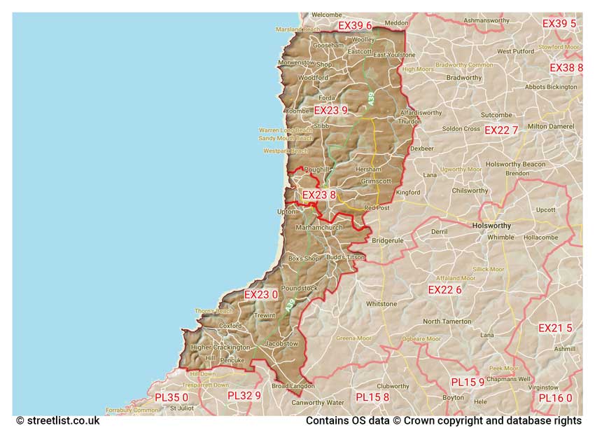 map showing postcode sectors within the EX23 district