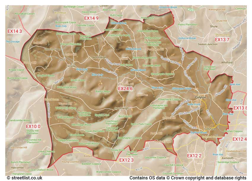 map showing postcode sectors within the EX24 district