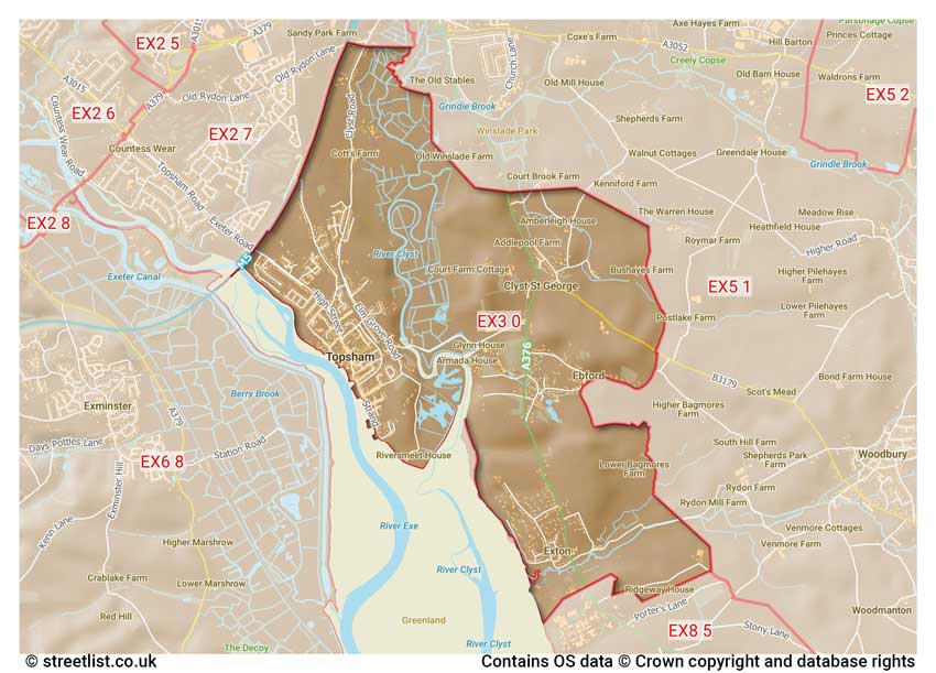 map showing postcode sectors within the EX3 district