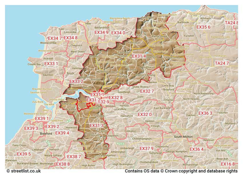 map showing postcode sectors within the EX31 district