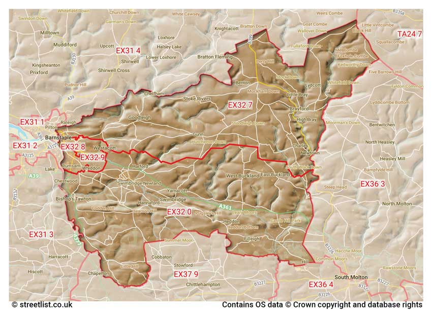 map showing postcode sectors within the EX32 district