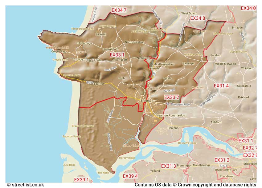 map showing postcode sectors within the EX33 district