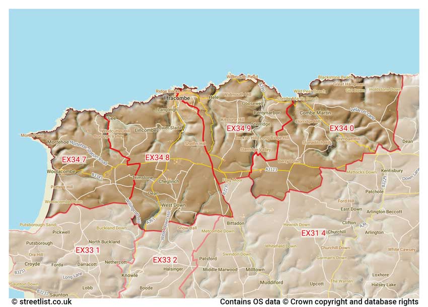 map showing postcode sectors within the EX34 district