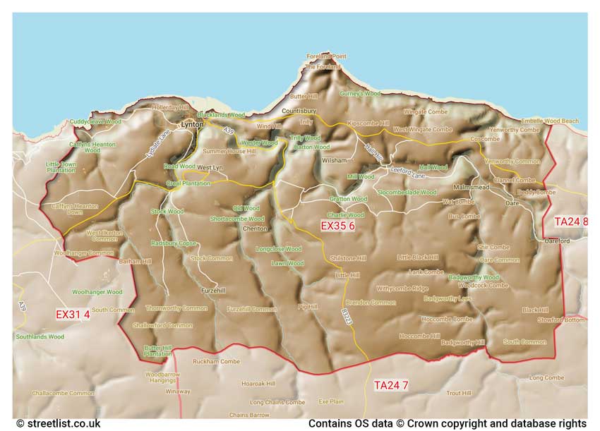 map showing postcode sectors within the EX35 district