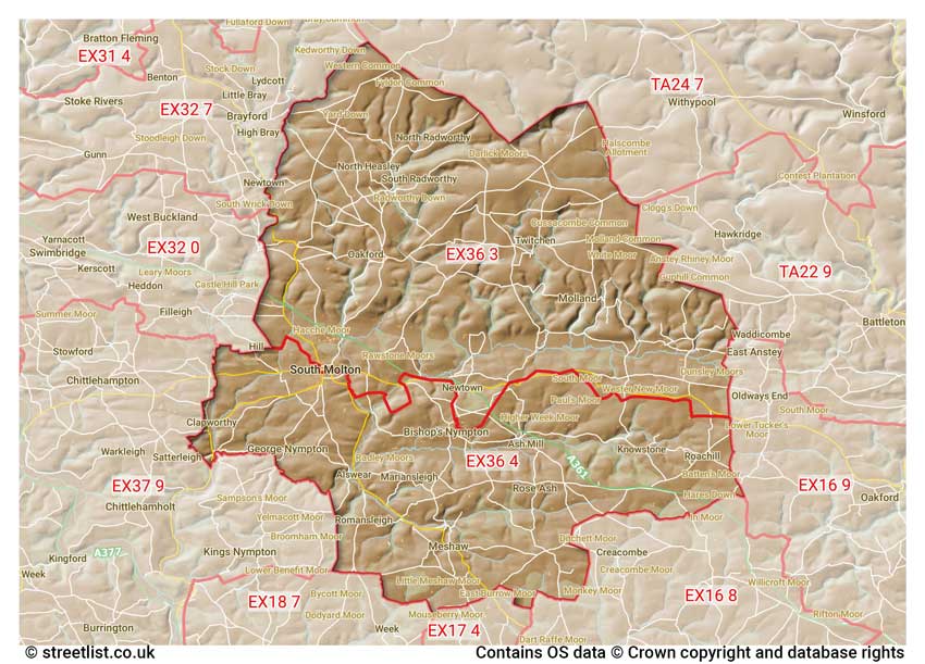 map showing postcode sectors within the EX36 district