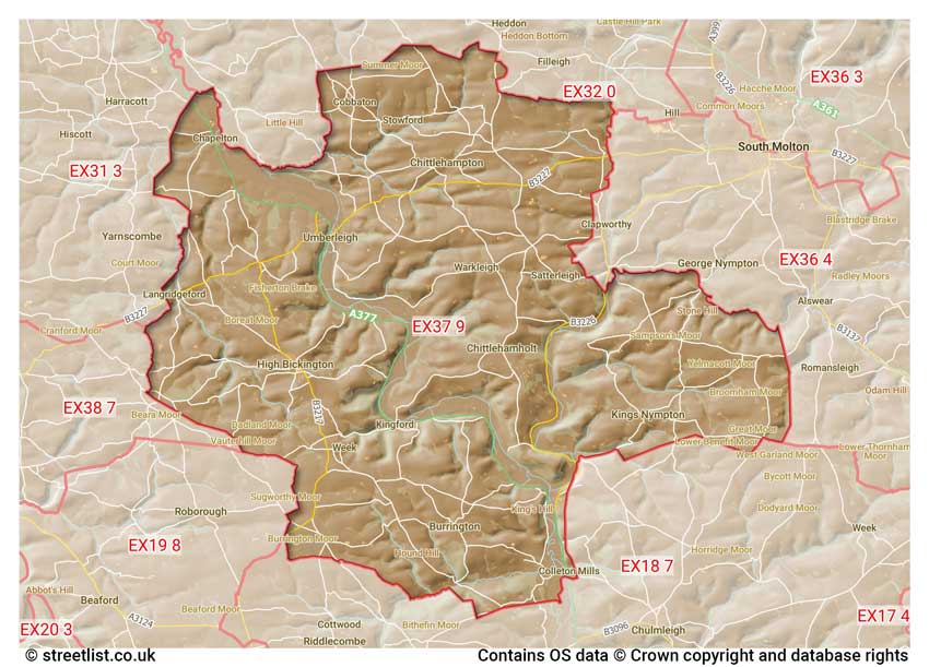 map showing postcode sectors within the EX37 district