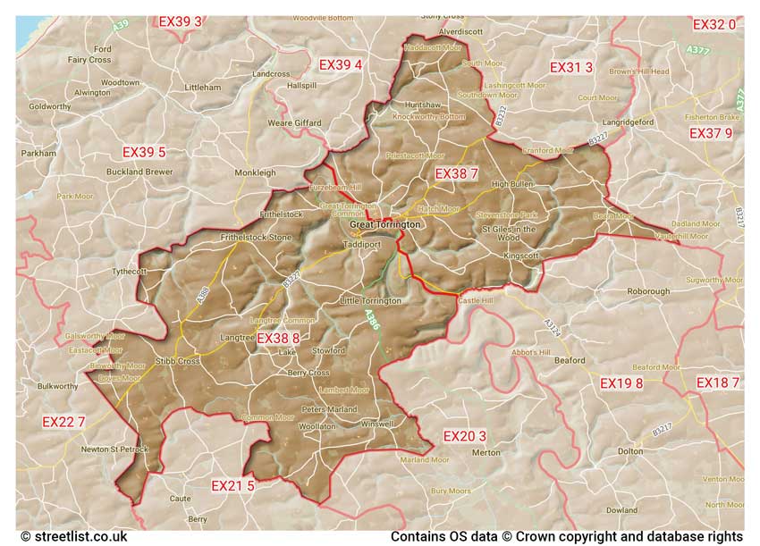 map showing postcode sectors within the EX38 district