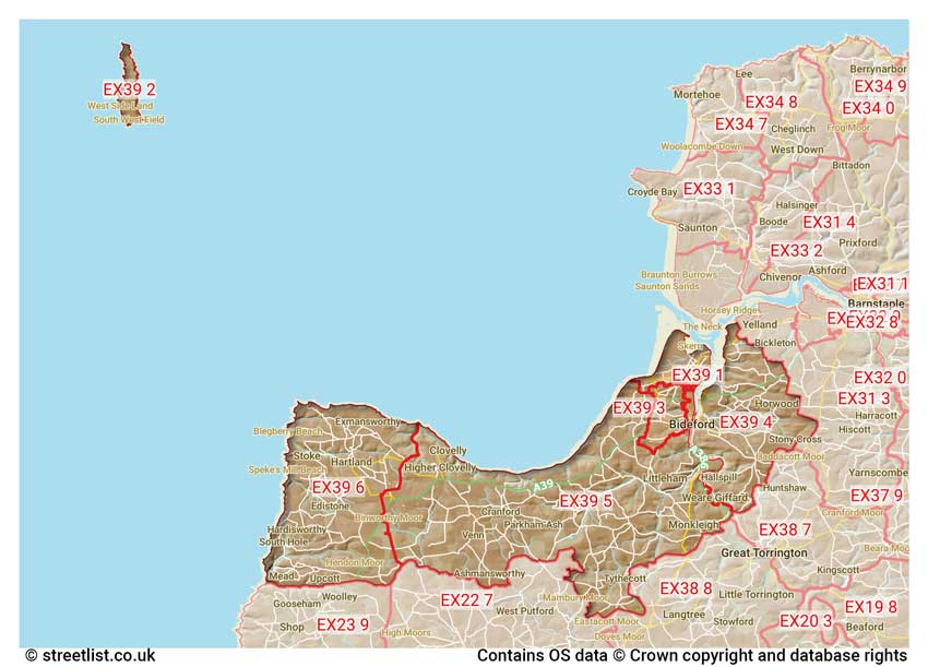 map showing postcode sectors within the EX39 district