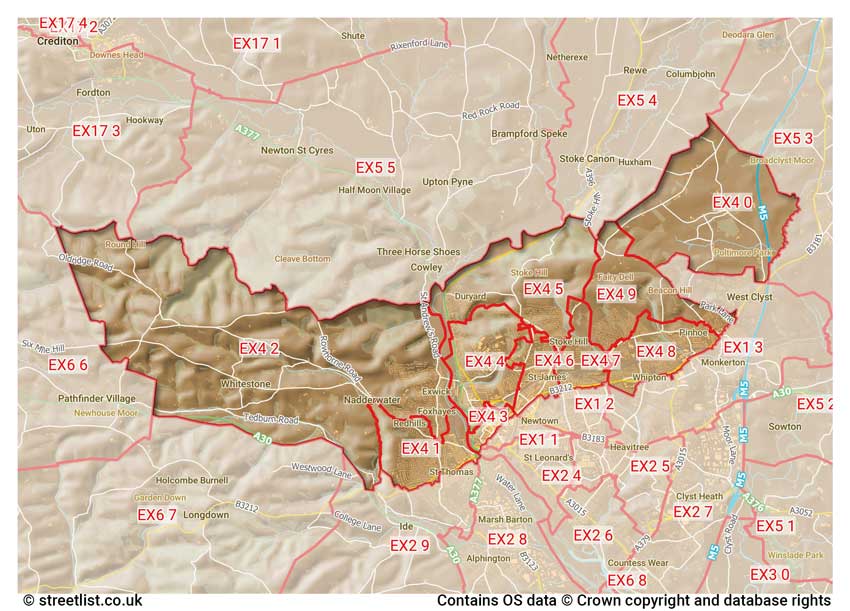 map showing postcode sectors within the EX4 district