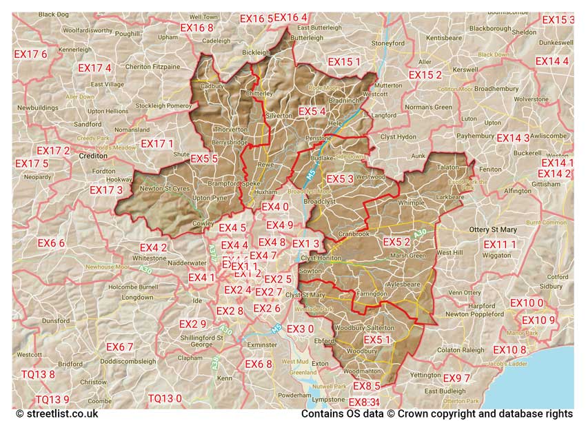 map showing postcode sectors within the EX5 district