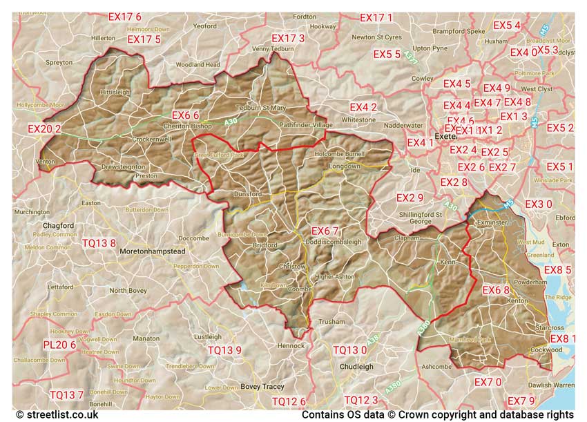 map showing postcode sectors within the EX6 district