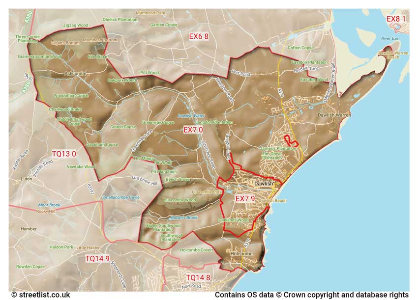 map showing postcode sectors within the EX7 district