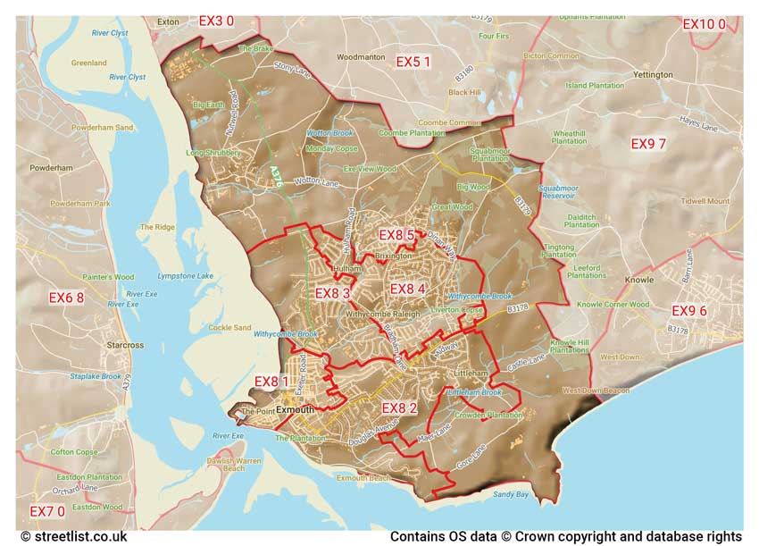 map showing postcode sectors within the EX8 district