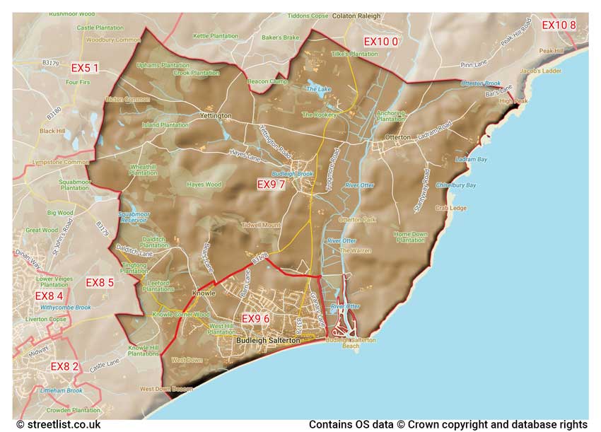 map showing postcode sectors within the EX9 district