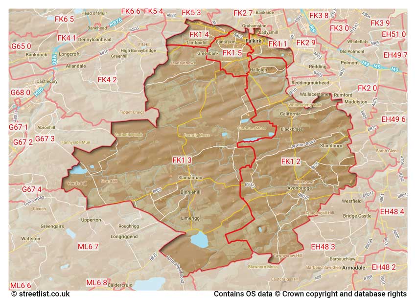 map showing postcode sectors within the FK1 district