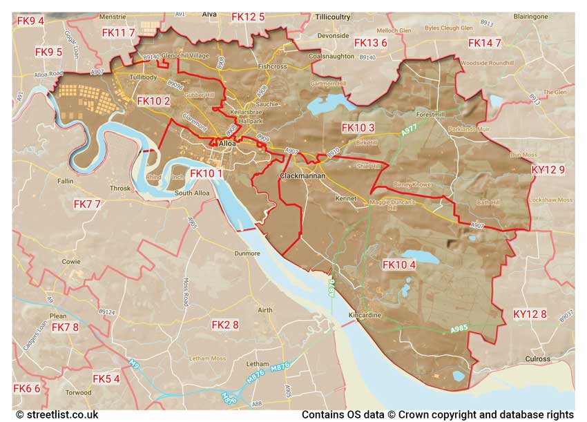 map showing postcode sectors within the FK10 district