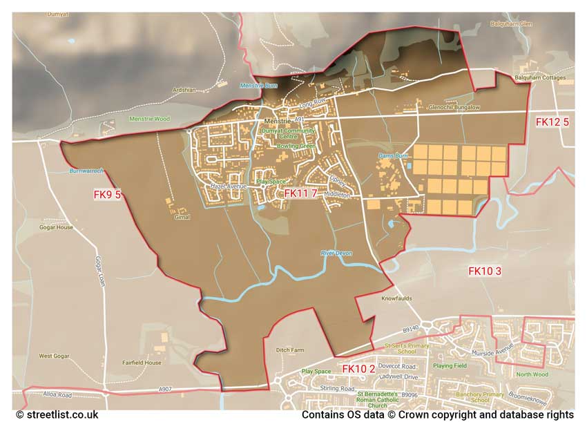 map showing postcode sectors within the FK11 district