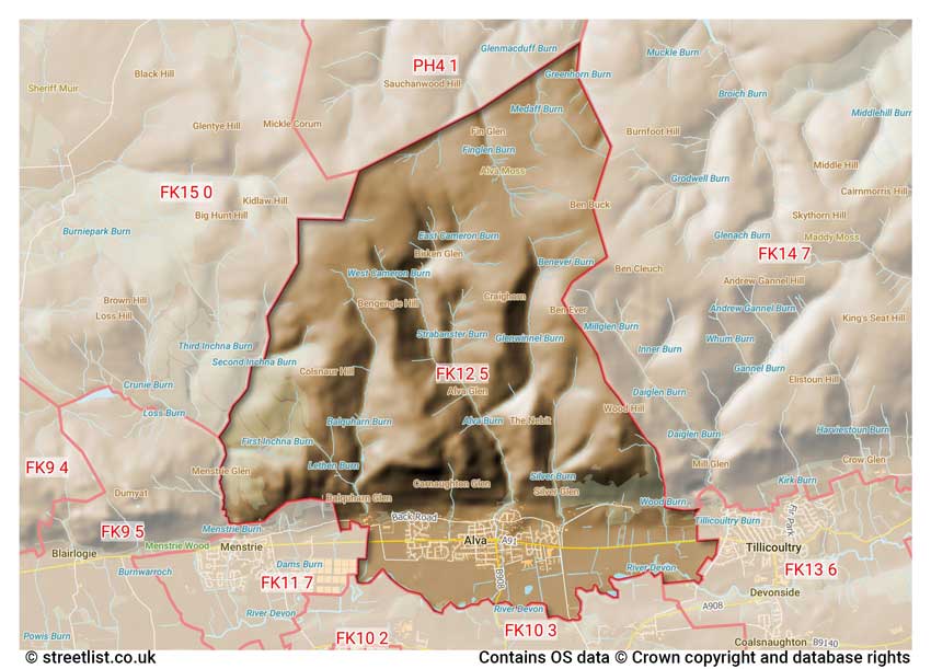 map showing postcode sectors within the FK12 district