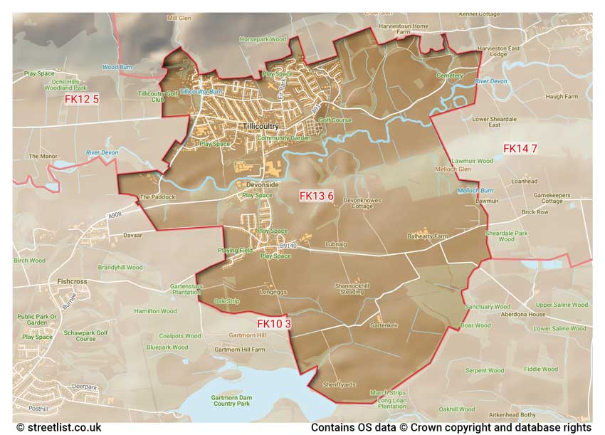 map showing postcode sectors within the FK13 district