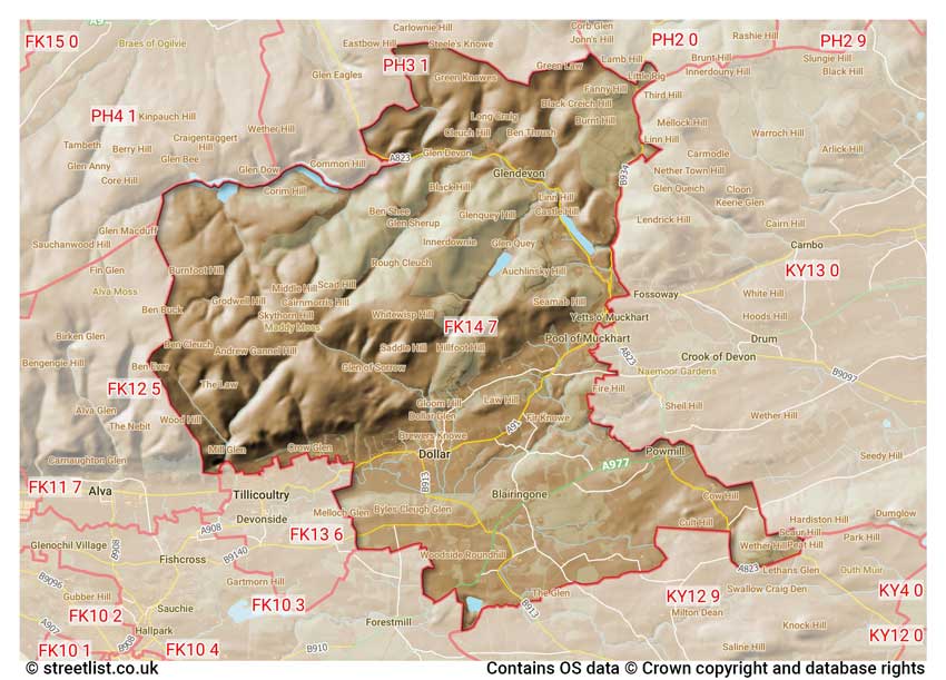 map showing postcode sectors within the FK14 district