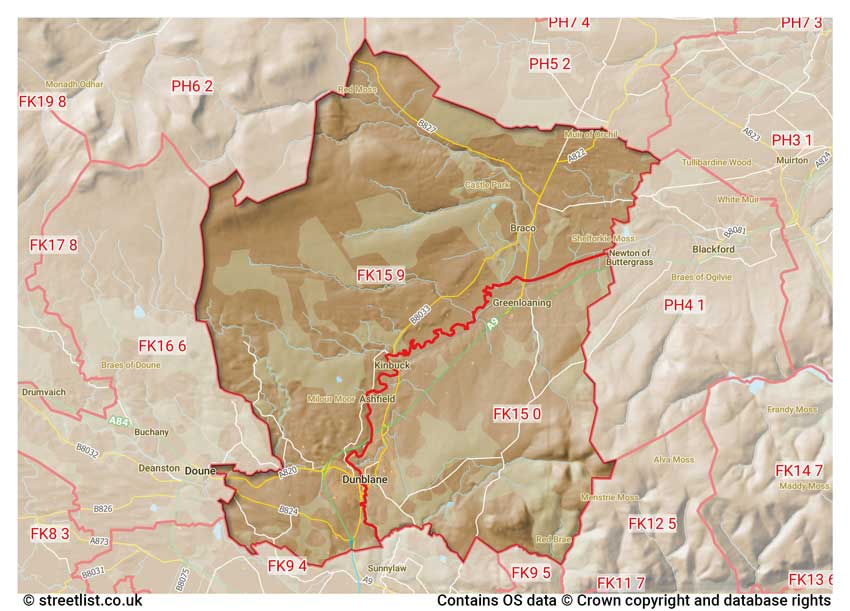 map showing postcode sectors within the FK15 district