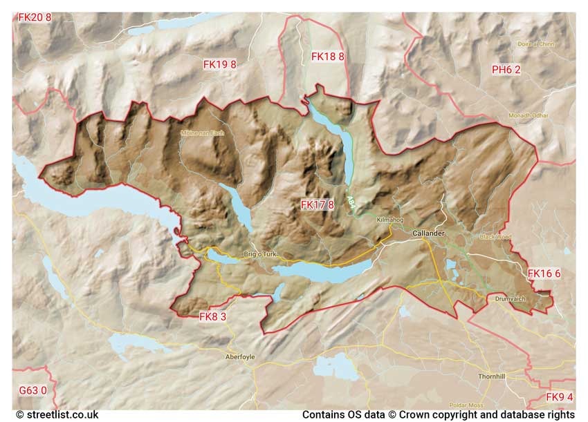 map showing postcode sectors within the FK17 district