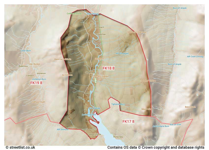 map showing postcode sectors within the FK18 district