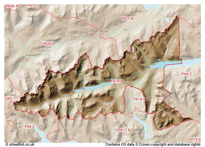 map showing postcode sectors within the FK19 district