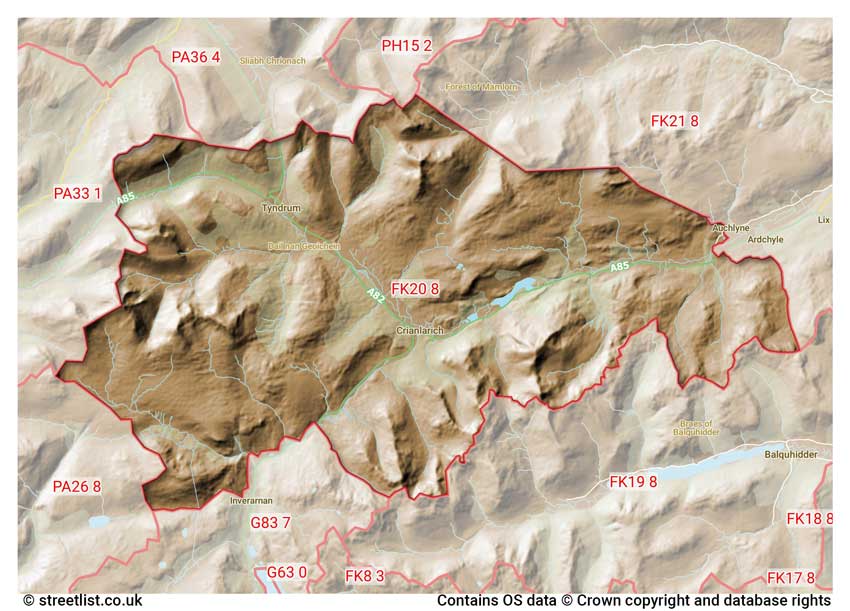 map showing postcode sectors within the FK20 district