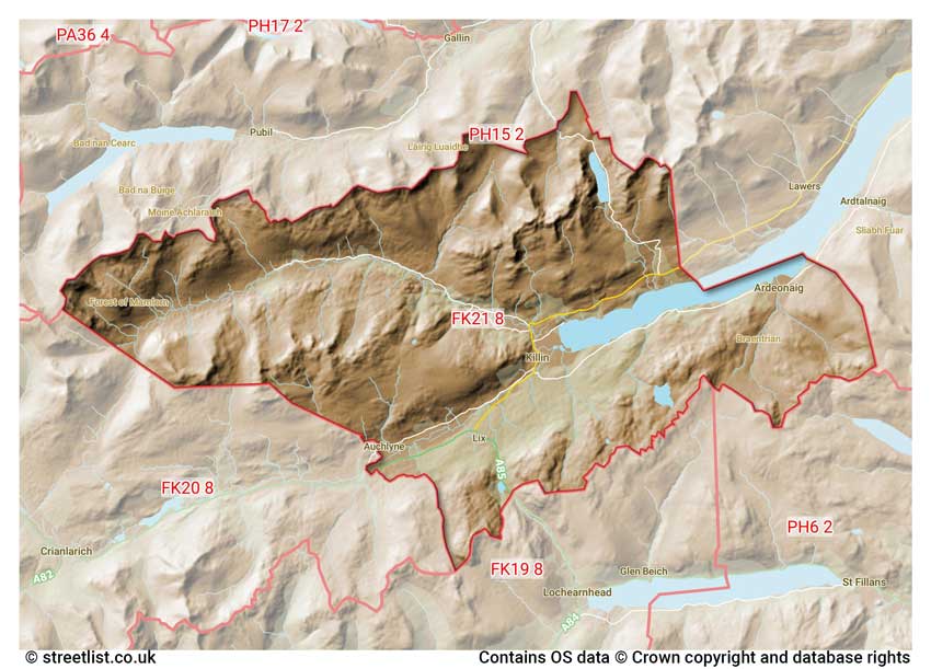 map showing postcode sectors within the FK21 district