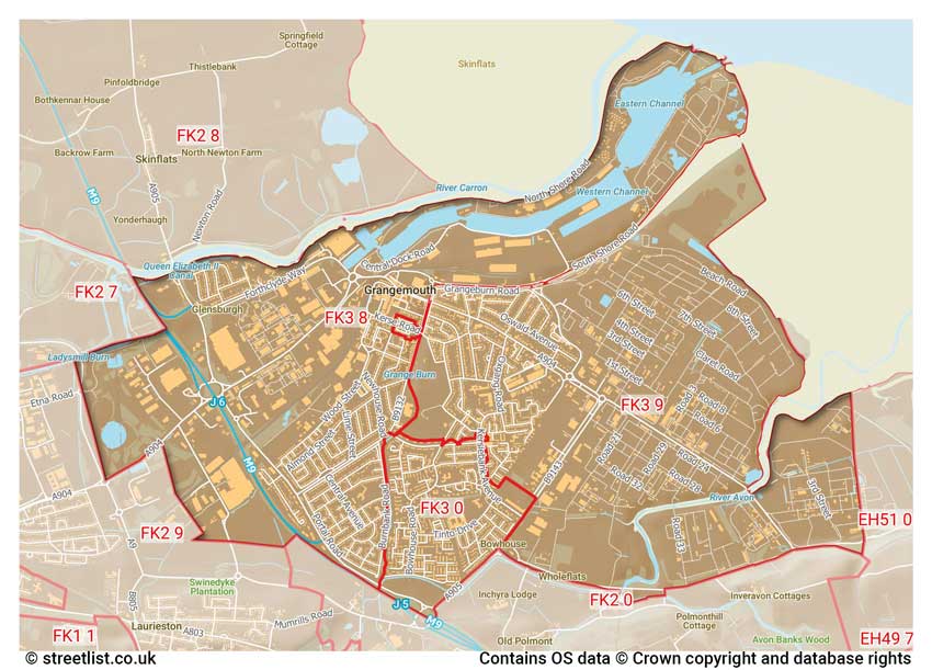 map showing postcode sectors within the FK3 district