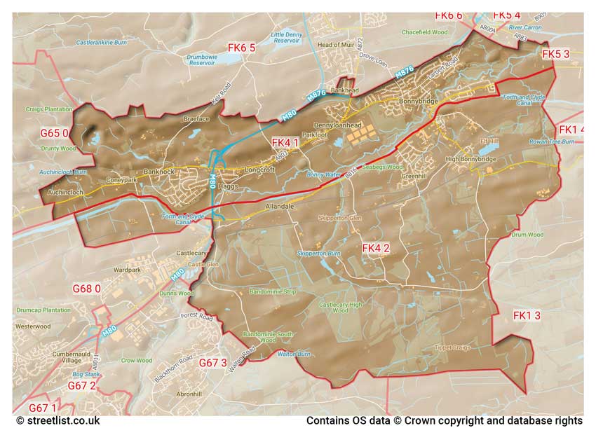 map showing postcode sectors within the FK4 district