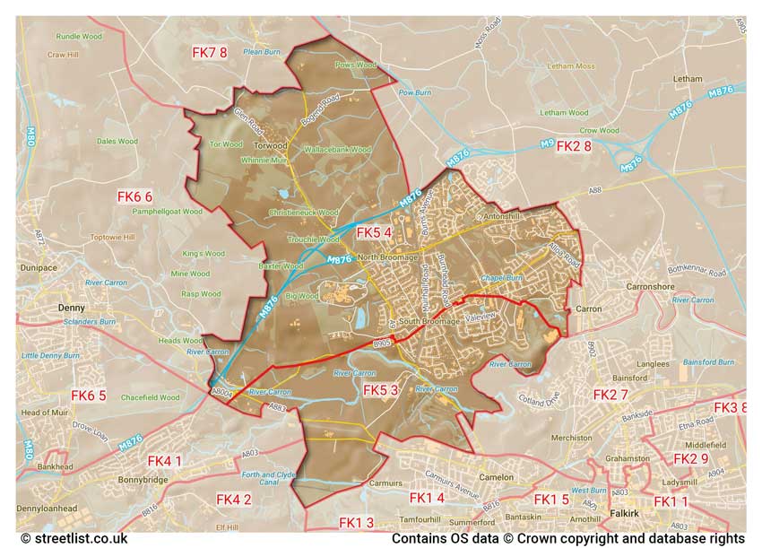 map showing postcode sectors within the FK5 district