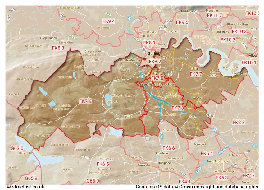 map showing postcode sectors within the FK7 district