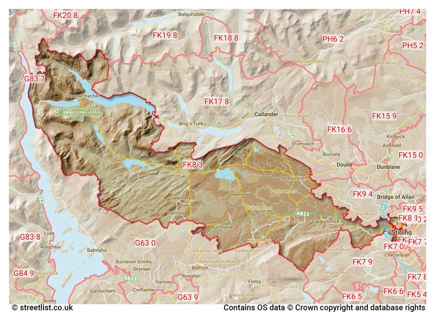 map showing postcode sectors within the FK8 district