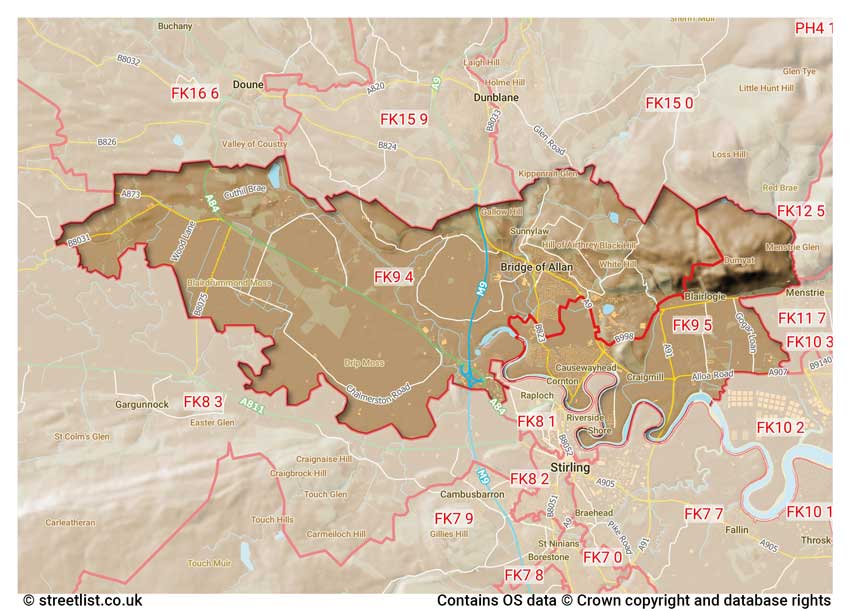 map showing postcode sectors within the FK9 district