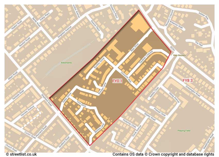 map showing postcode sectors within the FY0 district