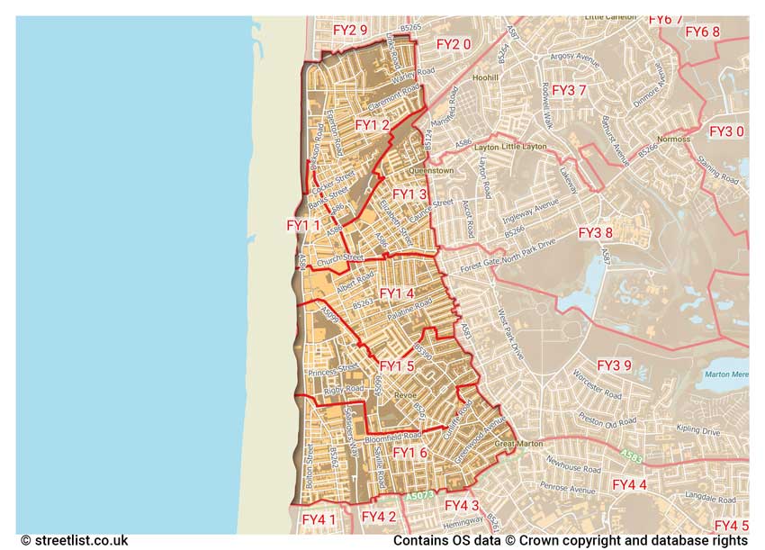 map showing postcode sectors within the FY1 district