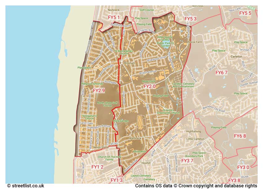 map showing postcode sectors within the FY2 district